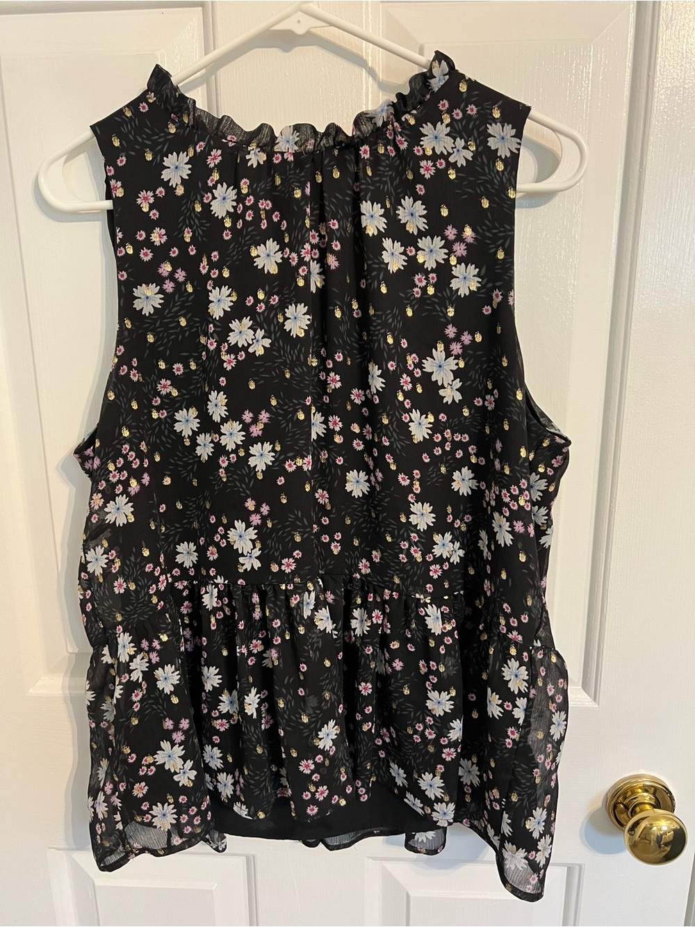 LOFT Black Floral Ruffled Neck Sleeveless Blouse